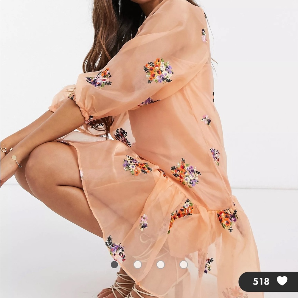ASOS Organza Embroidered Mini Smock Dress with Balloon Sleeves